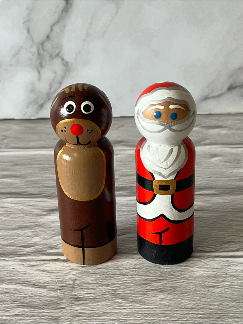Blue Wren Studio Hand-Painted Wooden Christmas Peg Dolls Reindeer & Santa Claus
